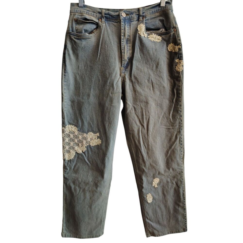 For Joseph light wash lace patchwork high rise straight leg jeans‎